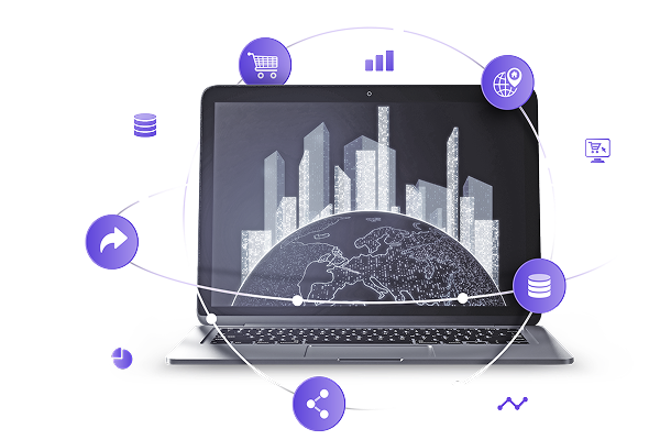 data inputs at the fingertips of any user on their laptop. Icons are shown for data, shopping, personal, and more surrounding a laptop